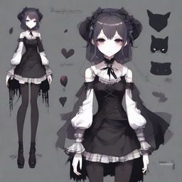 A full-body character design of a horror game protagonist, embodying a dark coquette and dollcore aesthetic