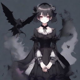 A full-body character design of a horror game protagonist, embodying a dark coquette and dollcore aesthetic