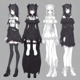 A full-body character design of a horror game protagonist, embodying a dark coquette and dollcore aesthetic