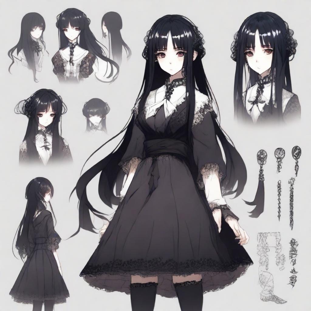 A full-body character design of a Japanese horror game protagonist, embodying a dark coquette and dollcore aesthetic