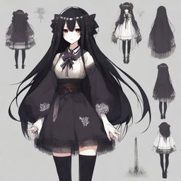 A full-body character design of a Japanese horror game protagonist, embodying a dark coquette and dollcore aesthetic