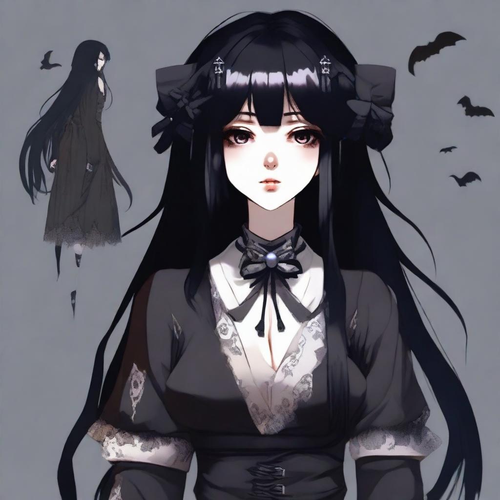 A full-body character design of a Japanese horror game protagonist, embodying a dark coquette and dollcore aesthetic