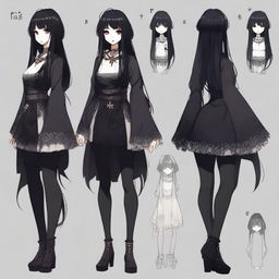 A full-body character design of a Japanese horror game protagonist, embodying a dark coquette and dollcore aesthetic