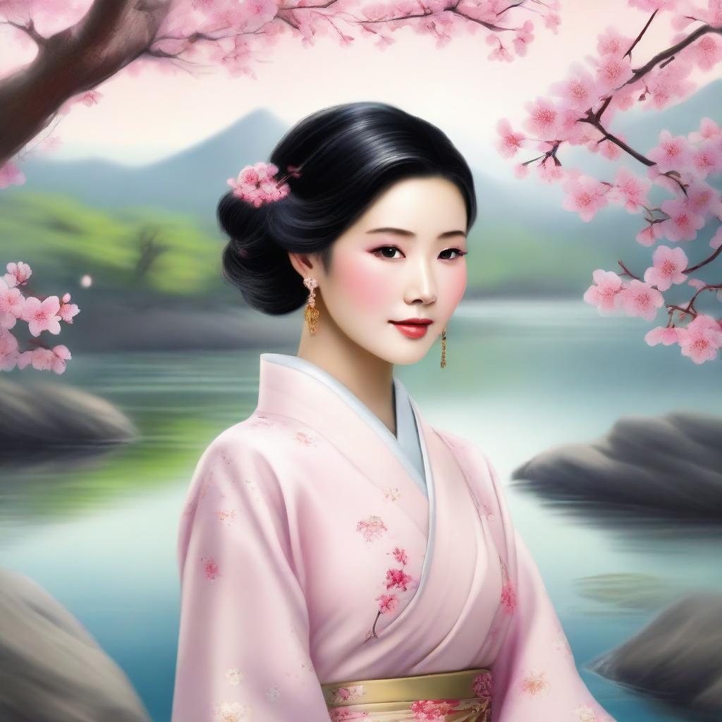 A beautiful portrait of an Asian woman, showcasing traditional attire and cultural elements