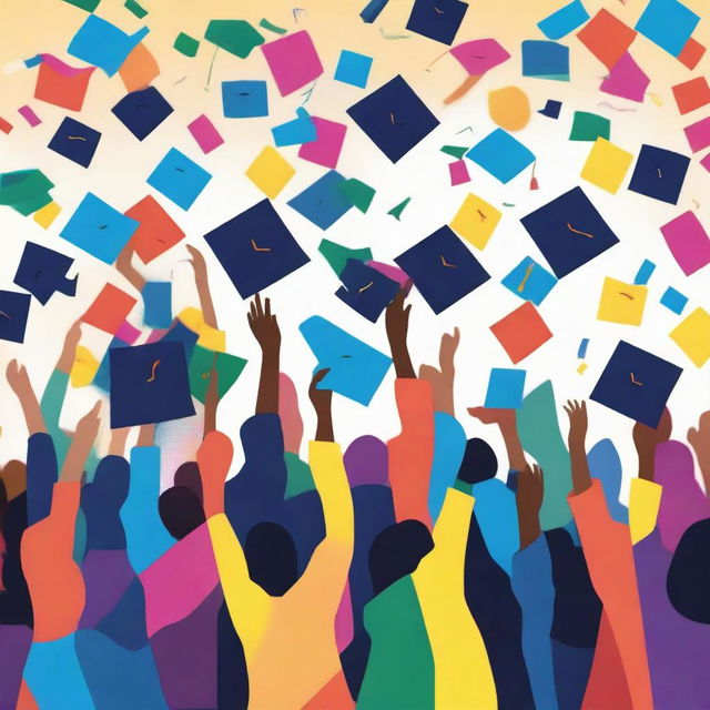 A vibrant and uplifting scene of a graduation class throwing their graduation hats into the air