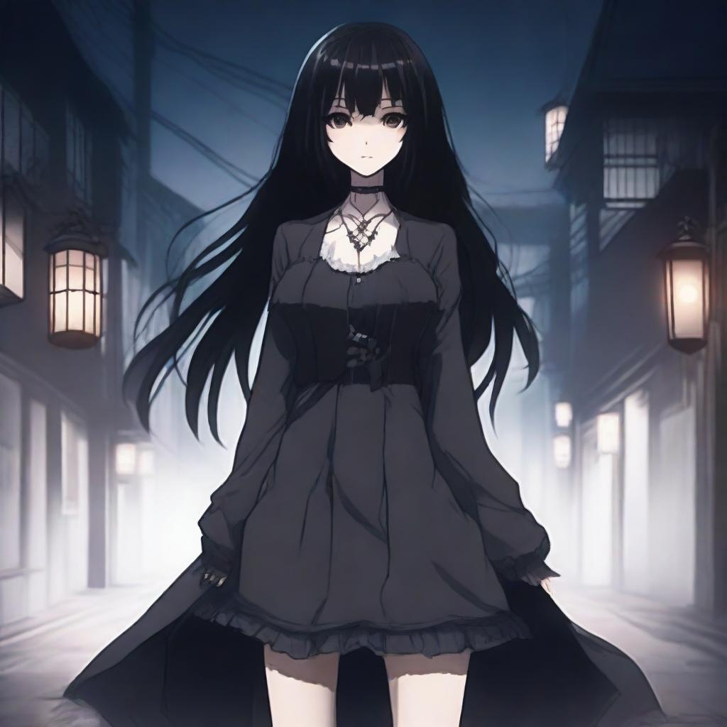 A character design for a horror game set in Japan, featuring a dark coquette anime girl as the protagonist