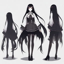 A character design for a horror game set in Japan, featuring a dark coquette anime girl as the protagonist