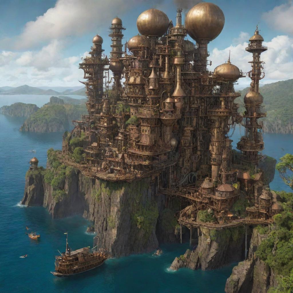 A representation of Mayotte Island through a steampunk lens, portraying coastal villages amidst dense gear forests, brass and steel towers perched on tall cliffs, and fantastical, steam-driven contraptions drifting over the tranquil lagoon.