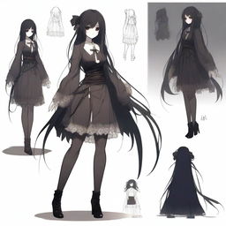 A character design for a horror game set in Japan, featuring a dark coquette anime girl as the protagonist