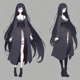 A character design for a horror game set in Japan, featuring a dark coquette anime girl as the protagonist