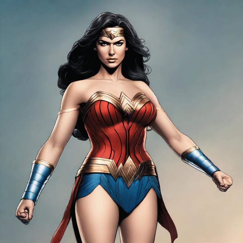 A detailed illustration of Wonder Woman, the iconic superhero, showcasing her strength and heroism