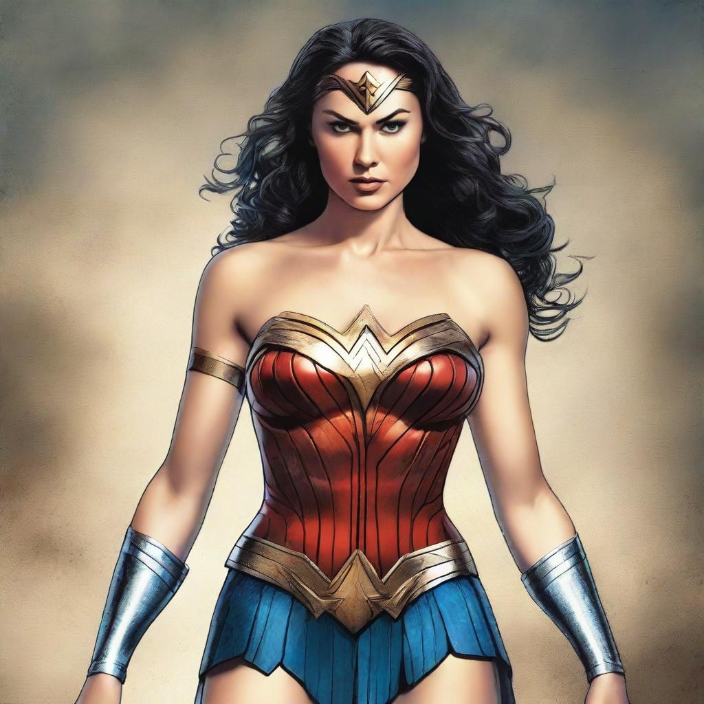 A detailed illustration of Wonder Woman, the iconic superhero, showcasing her strength and heroism