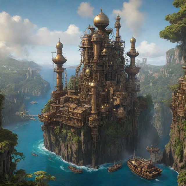 A representation of Mayotte Island through a steampunk lens, portraying coastal villages amidst dense gear forests, brass and steel towers perched on tall cliffs, and fantastical, steam-driven contraptions drifting over the tranquil lagoon.