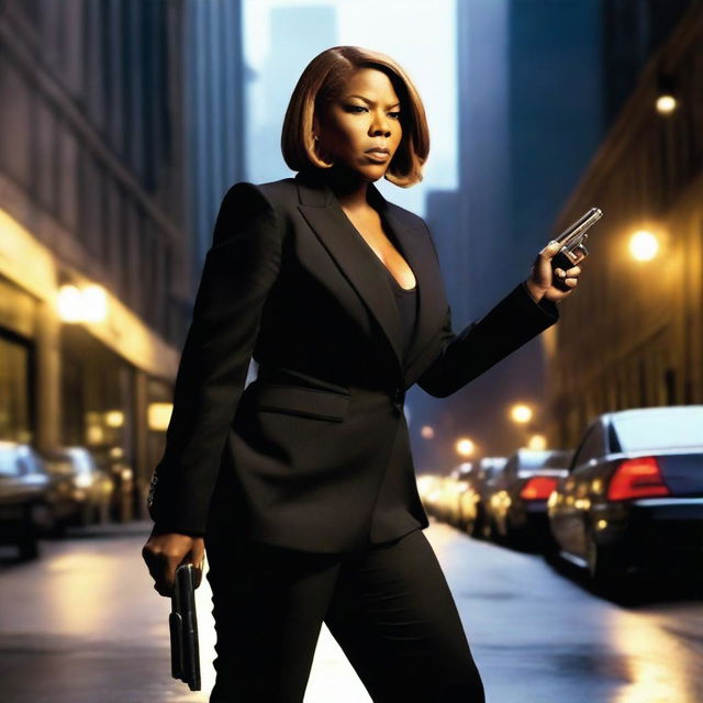 A high-quality action movie scene featuring Queen Latifah with her hair hanging down, holding a pistol in her hand