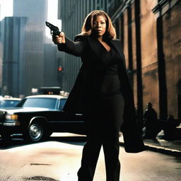 A high-quality action movie scene featuring Queen Latifah with her hair hanging down, holding a pistol in her hand