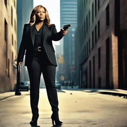 A high-quality action movie scene featuring Queen Latifah with her hair hanging down, holding a pistol in her hand