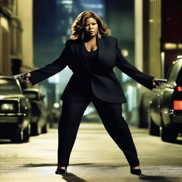 A high-quality action movie scene featuring Queen Latifah with her hair hanging down, holding a pistol in her hand