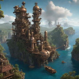 A representation of Mayotte Island through a steampunk lens, portraying coastal villages amidst dense gear forests, brass and steel towers perched on tall cliffs, and fantastical, steam-driven contraptions drifting over the tranquil lagoon.