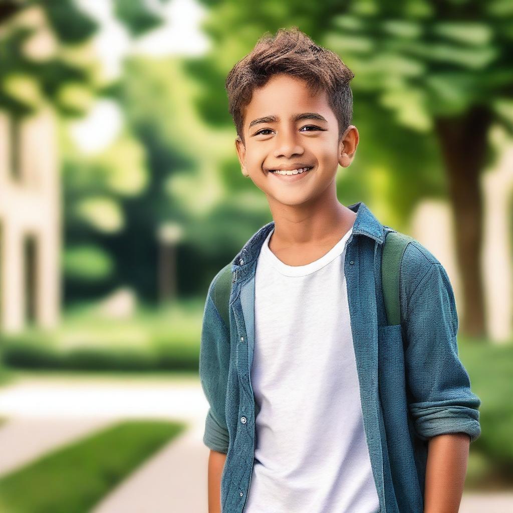 A handsome boy with a charming smile, wearing casual clothes and standing in a pleasant outdoor setting