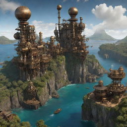 A representation of Mayotte Island through a steampunk lens, portraying coastal villages amidst dense gear forests, brass and steel towers perched on tall cliffs, and fantastical, steam-driven contraptions drifting over the tranquil lagoon.