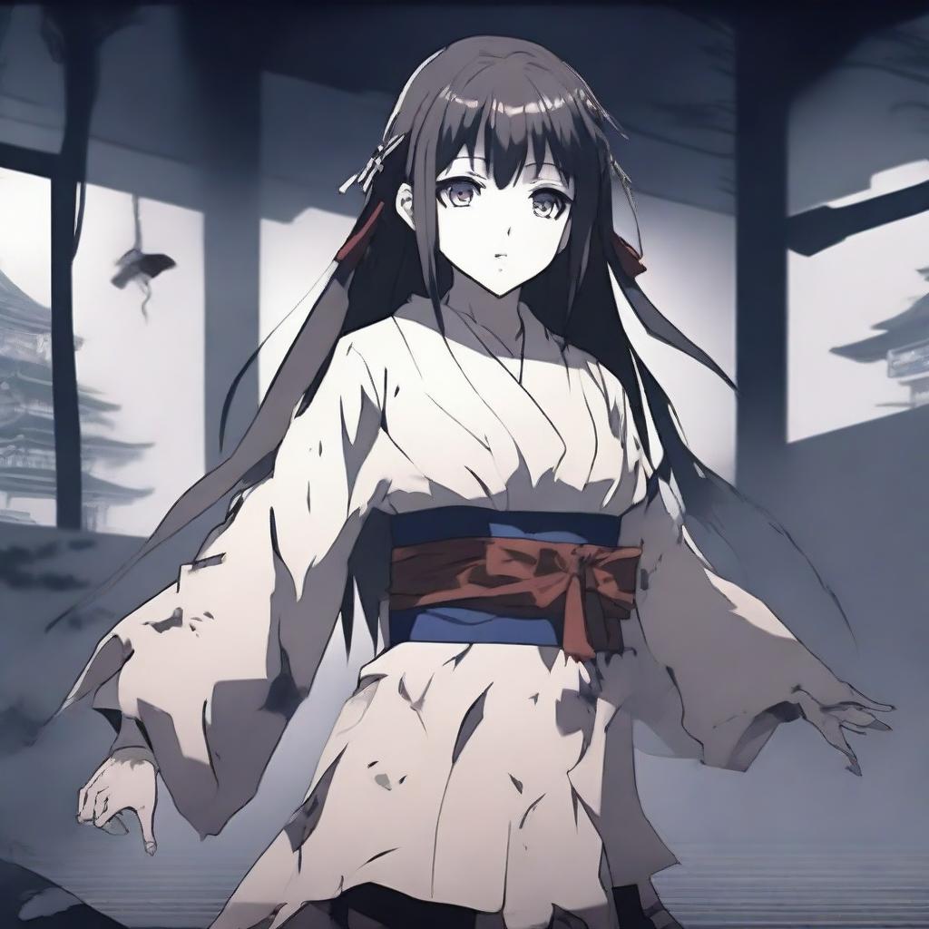 An anime girl striking various poses in the style of a horror game set in Japan