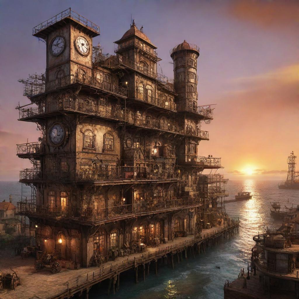 An interpretation of Mozambique transformed by steampunk influence, focusing on coastal cities reflected with antiquated mechanical structures, vast plains dotted with steam-powered mechanisms, and a mesh of warmly lit gearwork against the rich sunset.