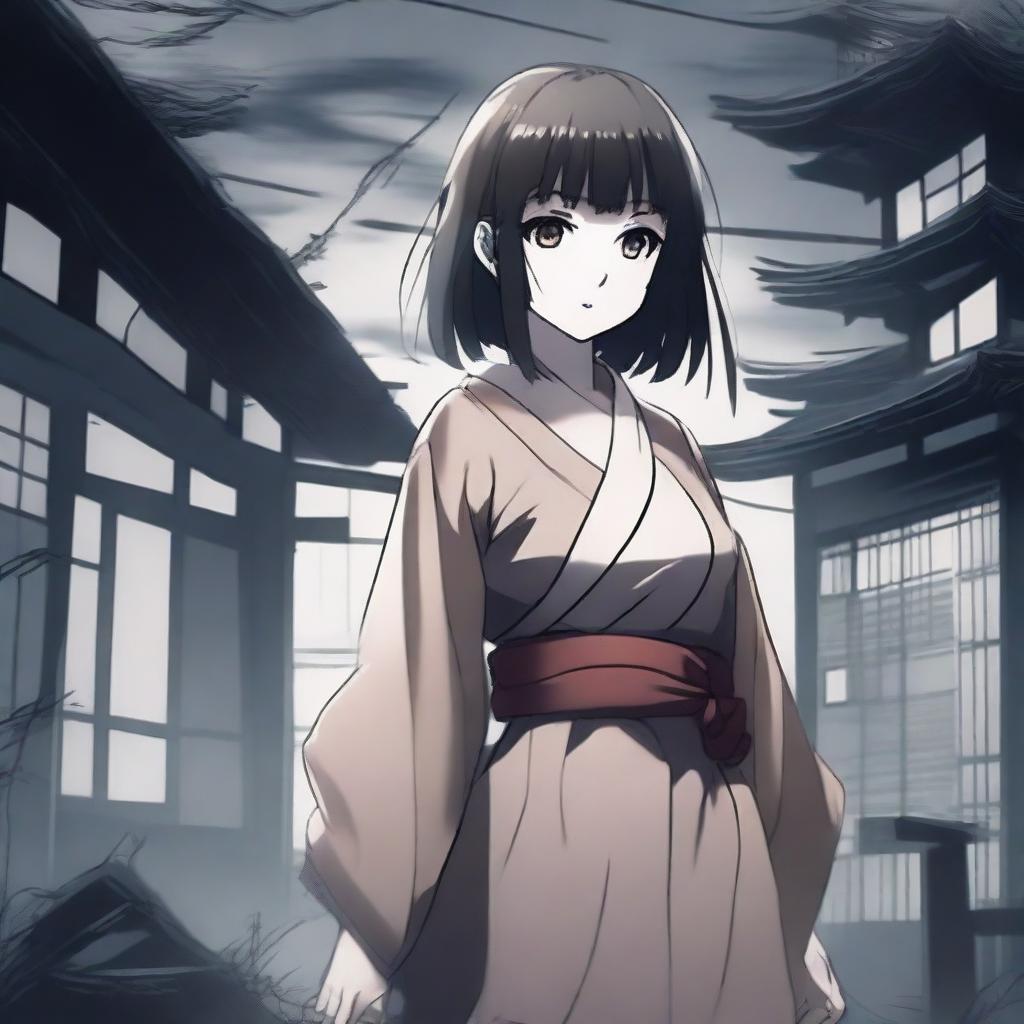 An anime girl striking various poses in the style of a horror game set in Japan