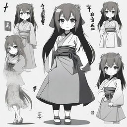 An anime girl striking various poses in the style of a horror game set in Japan