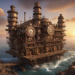 An interpretation of Mozambique transformed by steampunk influence, focusing on coastal cities reflected with antiquated mechanical structures, vast plains dotted with steam-powered mechanisms, and a mesh of warmly lit gearwork against the rich sunset.