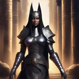 A female dark elf cleric of Anubis with black hair and dark grey eyes that have no pupils