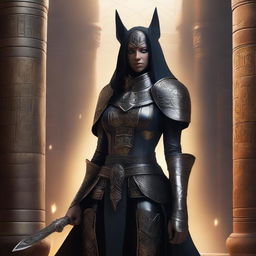 A female dark elf cleric of Anubis with black hair and dark grey eyes that have no pupils