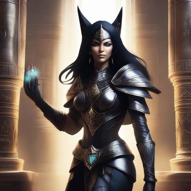 A female dark elf cleric of Anubis with black hair and dark grey eyes that have no pupils