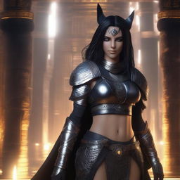 A female dark elf cleric of Anubis with black hair and dark grey eyes that have no pupils