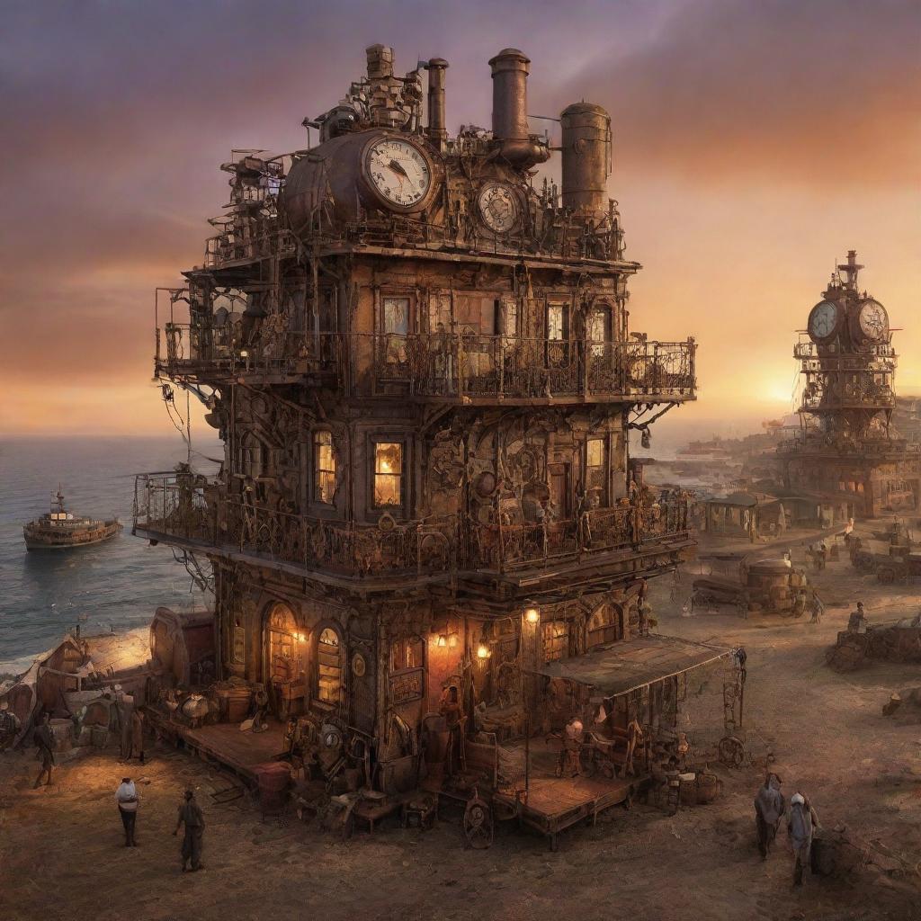 An interpretation of Mozambique transformed by steampunk influence, focusing on coastal cities reflected with antiquated mechanical structures, vast plains dotted with steam-powered mechanisms, and a mesh of warmly lit gearwork against the rich sunset.