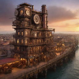 An interpretation of Mozambique transformed by steampunk influence, focusing on coastal cities reflected with antiquated mechanical structures, vast plains dotted with steam-powered mechanisms, and a mesh of warmly lit gearwork against the rich sunset.