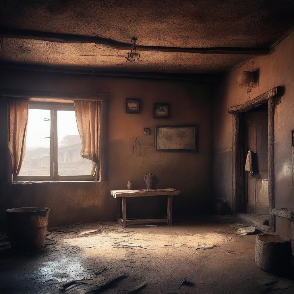 A cinematic painting design of a poor hotel in a village