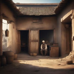 A cinematic painting design of a poor hotel in a village