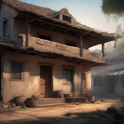 A cinematic painting design of a poor hotel in a village