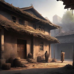 A cinematic painting design of a poor hotel in a village