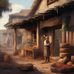 A cinematic painting design of a poor hotel in a village