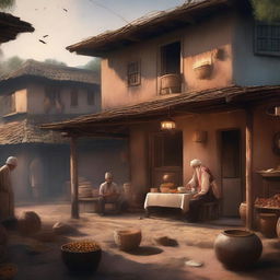 A cinematic painting design of a poor hotel in a village