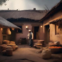 A cinematic painting design of a poor hotel in a village