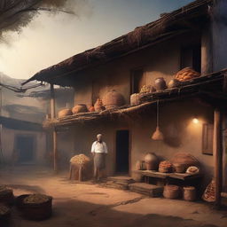 A cinematic painting design of a poor hotel in a village