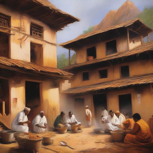 A detailed painting design of a poor village hotel