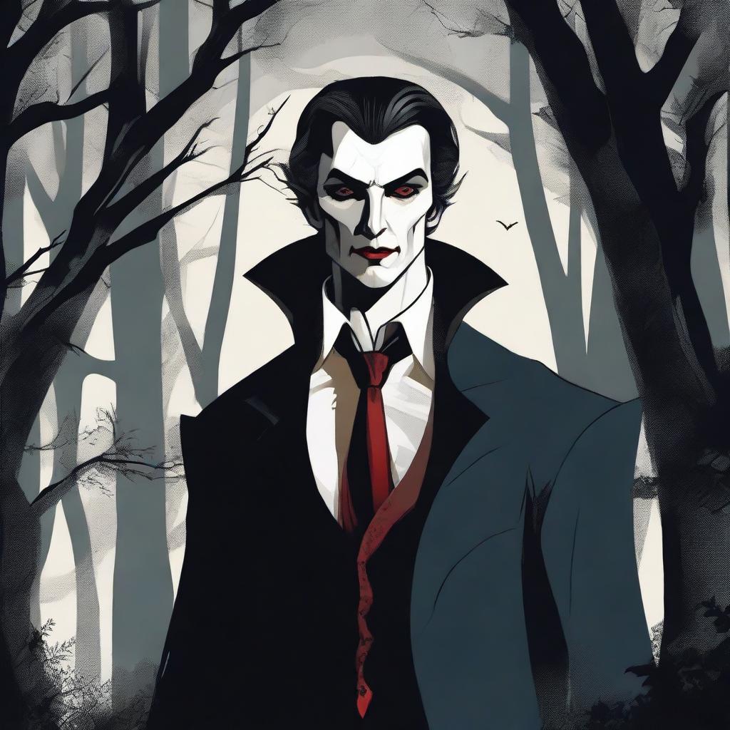 A detailed illustration of a vampire standing in a dark, eerie forest