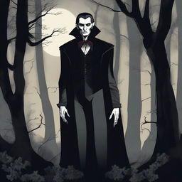 A detailed illustration of a vampire standing in a dark, eerie forest