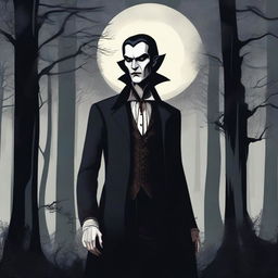 A detailed illustration of a vampire standing in a dark, eerie forest