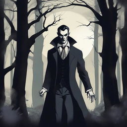 A detailed illustration of a vampire standing in a dark, eerie forest