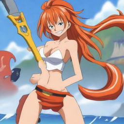 Create an image of Nami, the skilled navigator from One Piece, in a confident and attractive pose