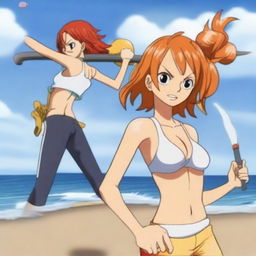 Create an image of Nami, the skilled navigator from One Piece, in a confident and attractive pose